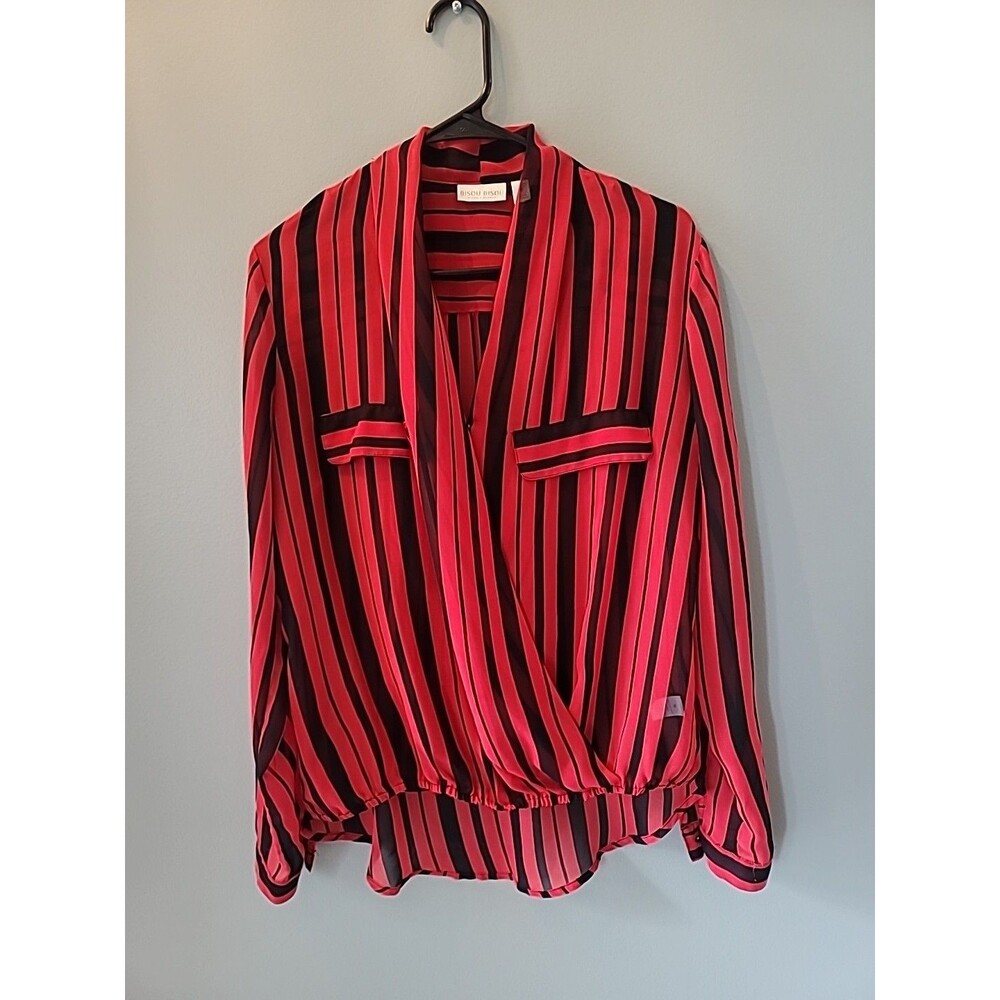 Bisou Bisou Michelle Bohbot Womens Size Medium Red Black Striped Blouse